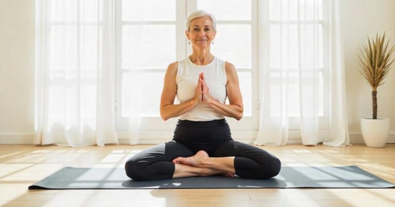 senior person sitting on a yoga mat doing a yoga pose