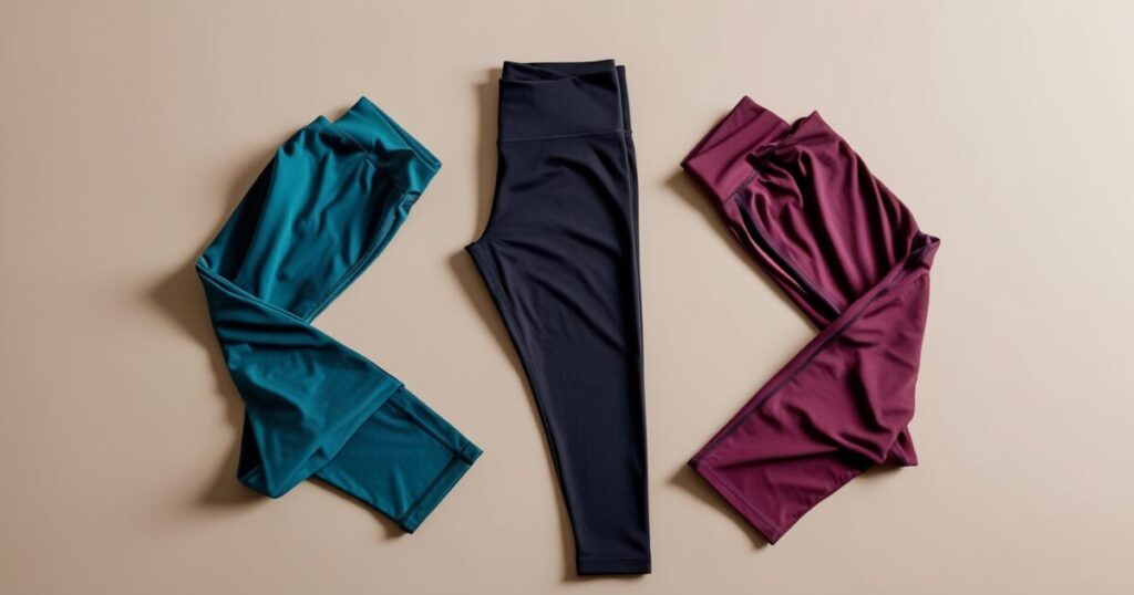 Three pairs of leggings are laid out on a beige background. The leggings are arranged side by side, with each pair in a different color. The pair on the left is teal, the pair in the middle is black, and the pair on the right is maroon. The leggings appear to be made of a smooth, stretchy fabric, suitable for athletic or casual wear.